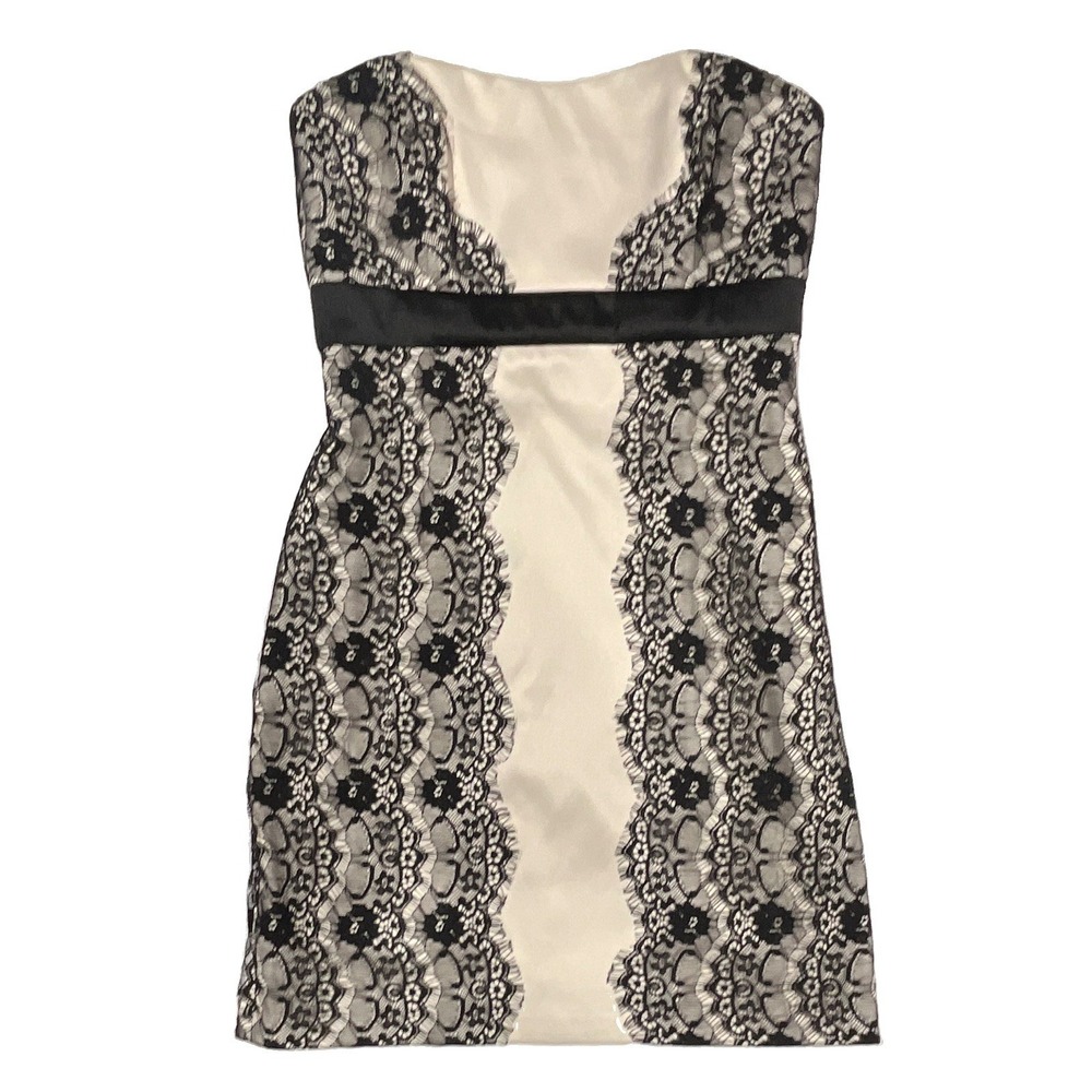 Max and Cleo Strapless Lace Trim Satin Cocktail Dress Cream Black Y2K Size 4 - Picture 3 of 7